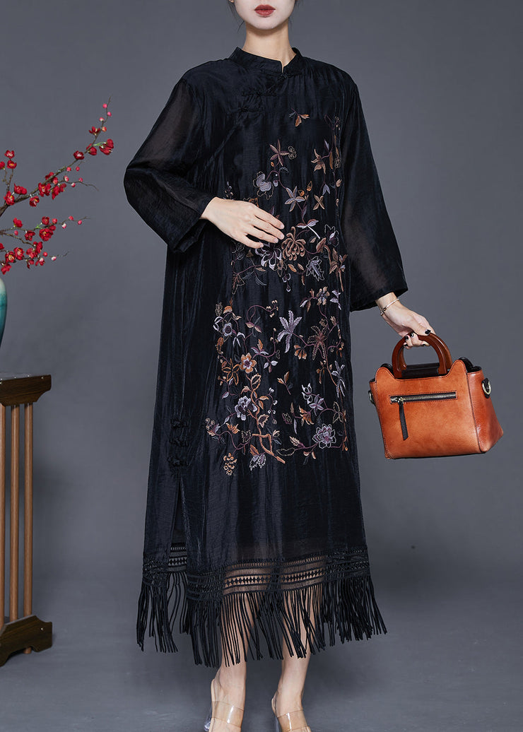 Fitted Black Embroidered Tasseled Linen Silk Ankle Dress Fall