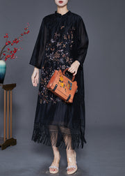 Fitted Black Embroideried Tasseled Linen Silk Ankle Dress Fall