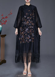 Fitted Black Embroidered Tasseled Linen Silk Ankle Dress Fall