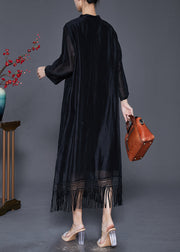 Fitted Black Embroidered Tasseled Linen Silk Ankle Dress Fall