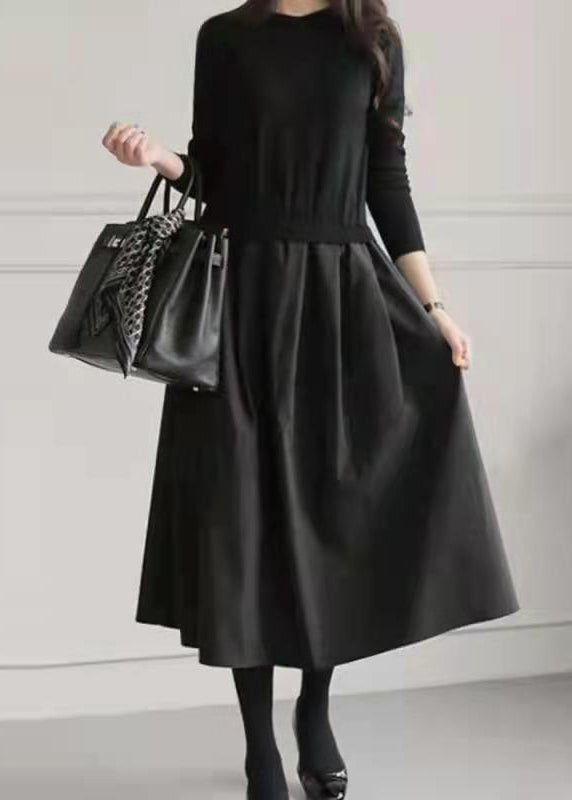 Fitted Black Exra Large Hem Patchwork Knit Fake Two Piece Dresses Spring