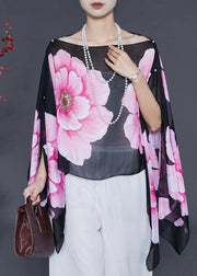 Fitted Black Floral Nail Bead Chiffon Shirt Tops Batwing Sleeve