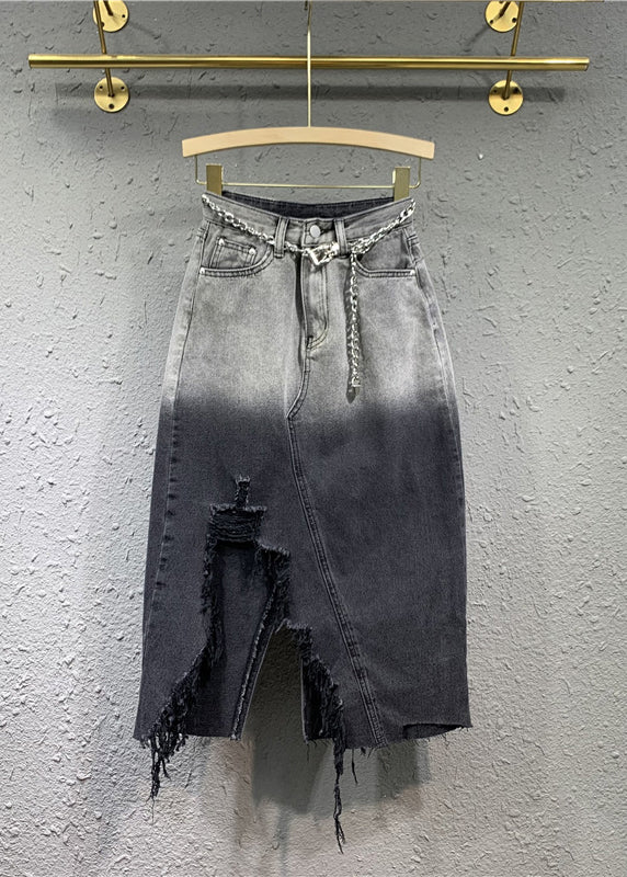 Fitted Black Grey Gradient Asymmetrical Pockets Patchwork Denim Skirts Fall