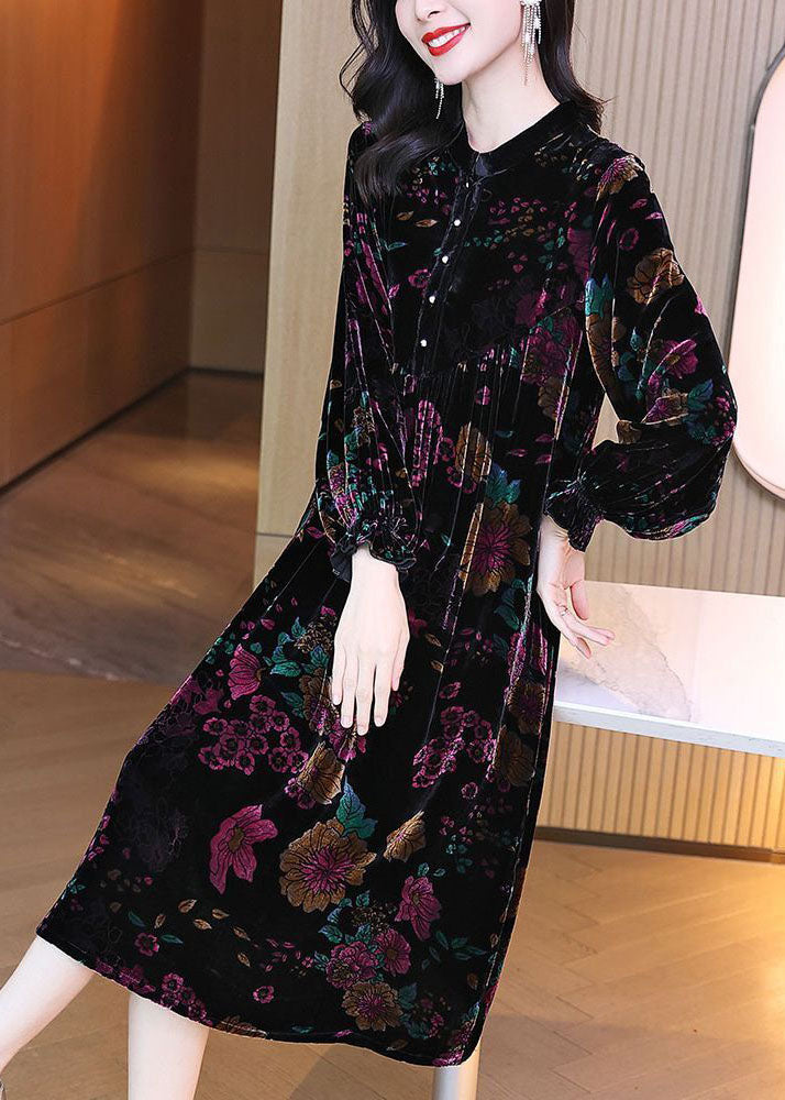 Fitted Black Oversized Patchwork Print Wrinkled Silk Velour Long Dress Spring