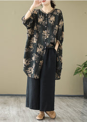 Fitted Black Oversized Print Linen Shirt Dress Lantern Sleeve