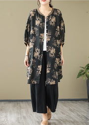 Fitted Black Oversized Print Linen Shirt Dress Lantern Sleeve