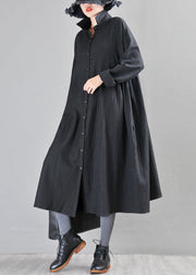 Fitted Black Peter Pan Collar Patchwork Button Linen Trench Coats Long Sleeve