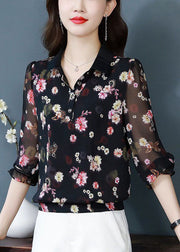 Fitted Black Peter Pan Collar Print Chiffon Blouses Spring