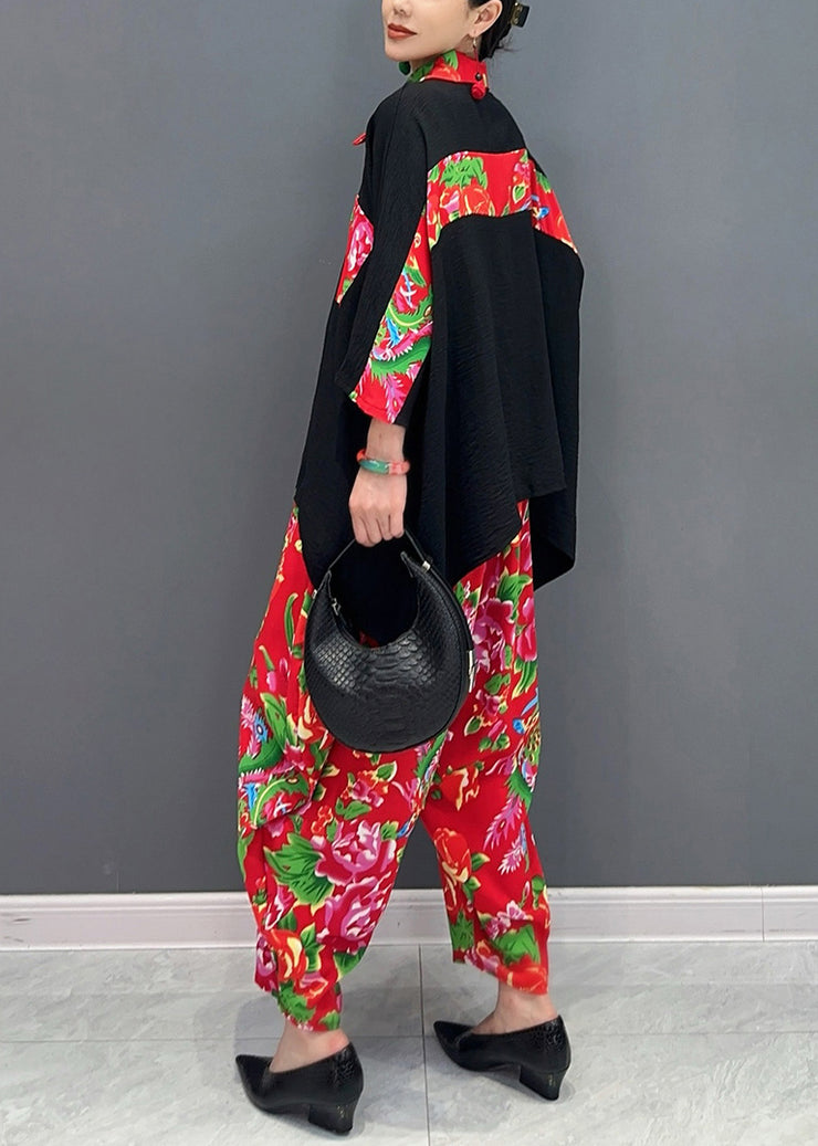 Fitted Black Peter Pan Collar Print Patchwork Button Shirts And Harem Pants Two Pieces Set Long Sleeve