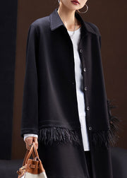 Fitted Black Peter Pan Collar Tassel Patchwork Coats Long Sleeve