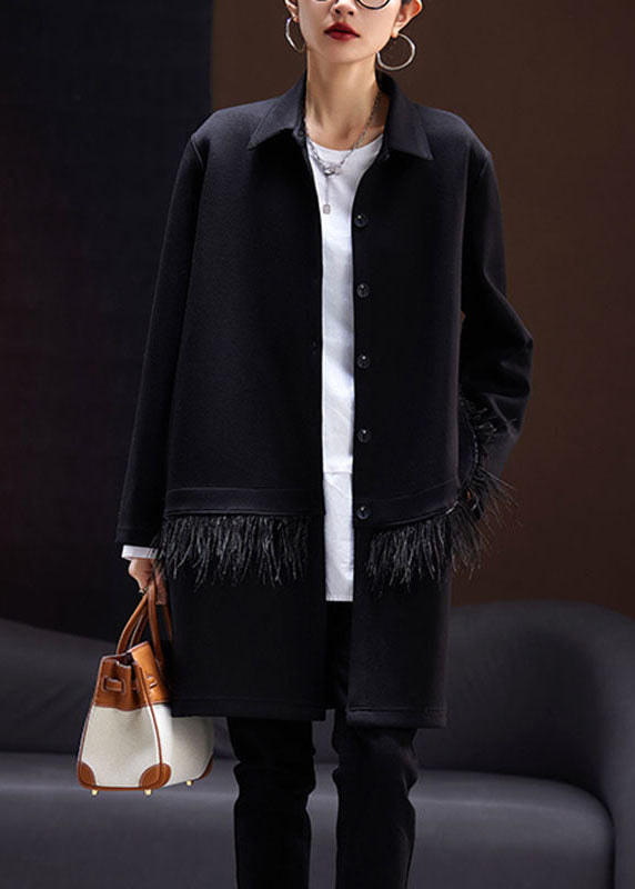 Fitted Black Peter Pan Collar Tassel Patchwork Coats Long Sleeve