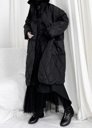 Fitted Black Plaid Patchwork Pockets Long Down Jackets Fall