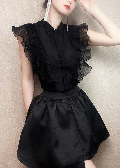 Fitted Black Ruffled Patchwork Chiffon Shirt Tops Summer