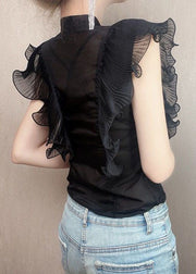 Fitted Black Ruffled Patchwork Chiffon Shirt Tops Summer