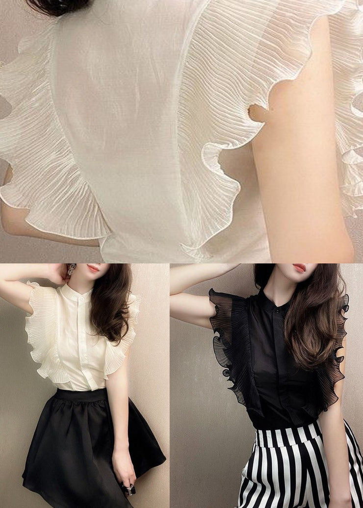 Fitted Black Ruffled Patchwork Chiffon Shirt Tops Summer