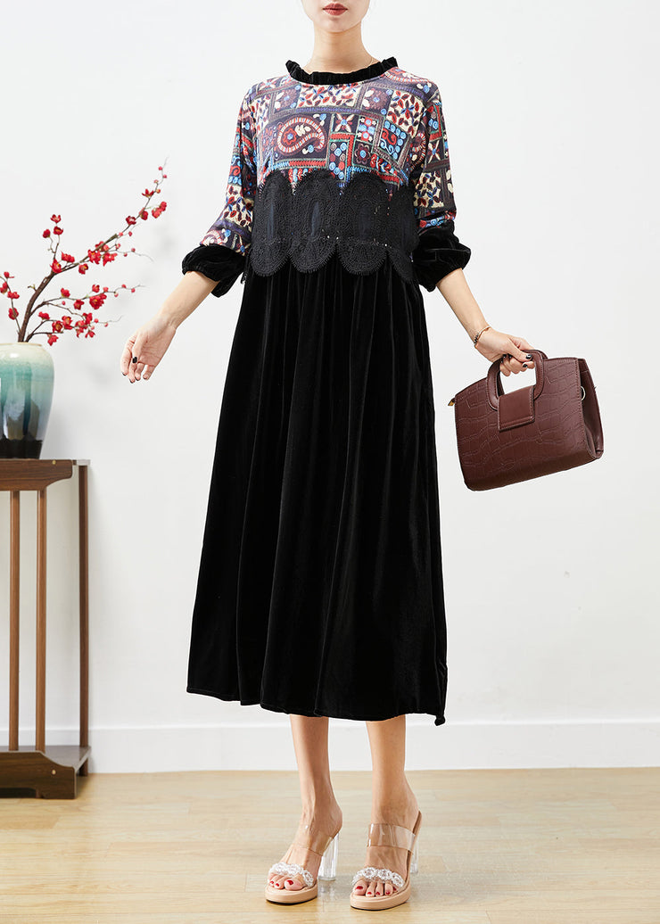 Fitted Black Ruffled Patchwork Print Silk Velour Maxi Dresses Fall