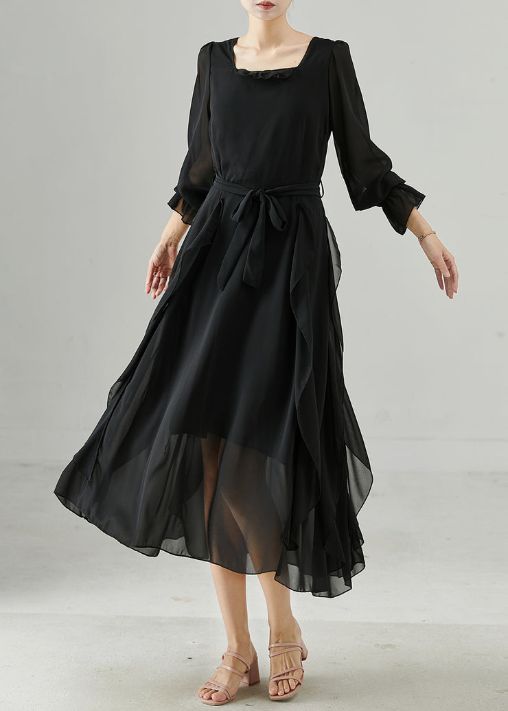 Fitted Black Ruffled Tie Waist Chiffon Dresses Spring