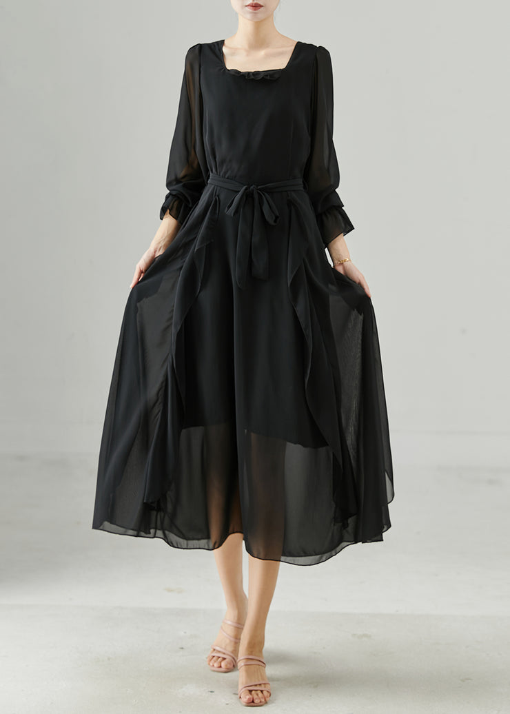 Fitted Black Ruffled Tie Waist Chiffon Dresses Spring