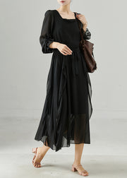 Fitted Black Ruffled Tie Waist Chiffon Dresses Spring