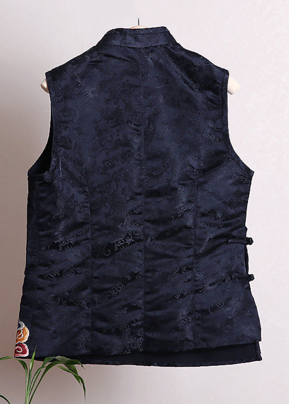 Fitted Black Stand Collar Embroideried Floral Button Waistcoat Fall