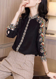 Fitted Black Stand Collar Patchwork Print Silk Shirt Spring