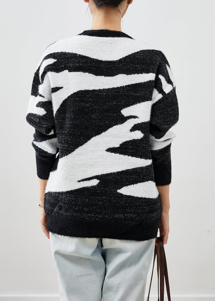 Fitted Black Thick Cow Print Knit Short Sweater Fall