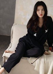 Fitted Black V Neck Butterfly Embroideried Cotton Pajamas Two Pieces Set Long Sleeve