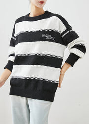 Fitted Black White Striped Letter Embroidered Knitted Tops Winter