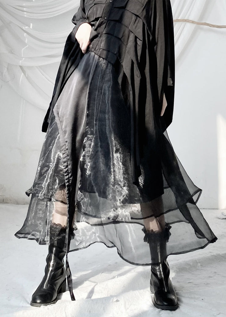 Fitted Black Wrinkled Elastic Waist Layered Tulle Maxi Skirts