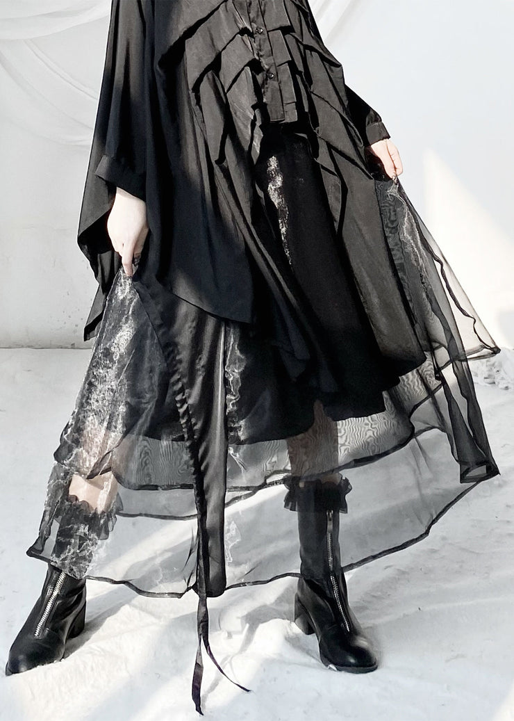 Fitted Black Wrinkled Elastic Waist Layered Tulle Maxi Skirts