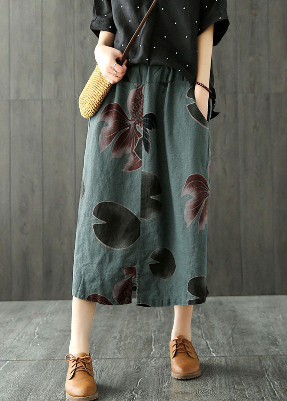 Fitted Blackish Green High Waist Pockets Print Side Open Linen Skirts Summer