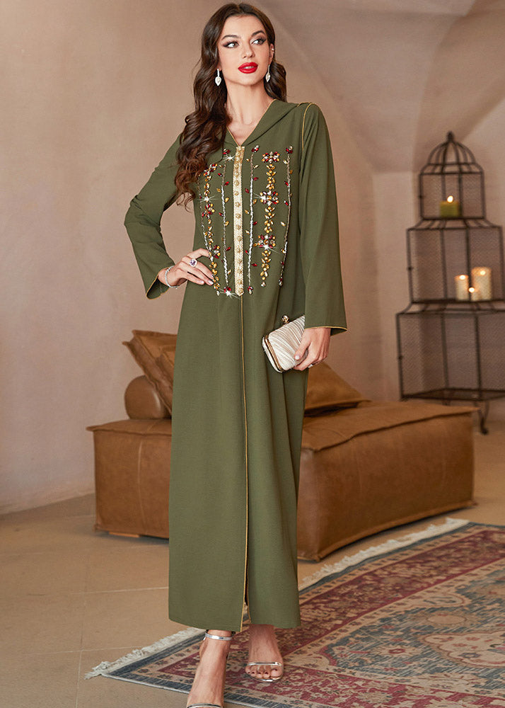 Fitted Blackish Green Sequins Patchwork Hooded Long Dresses Long Sleeve