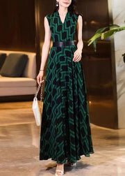 Fitted Blackish Green V Neck Striped Sashes Chiffon Long Dress Sleeveless