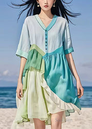 Fitted Blue Asymmetrical Patchwork Linen Mid Dress Summer