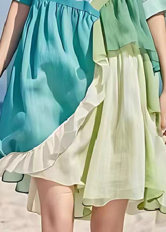Fitted Blue Asymmetrical Patchwork Linen Mid Dress Summer