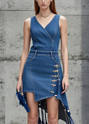 Fitted Blue Asymmetrical Patchwork Tasseled Denim Tea Dresses Summer