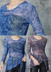 Fitted Blue Asymmetrical Tie Dye Tulle Tops Spring