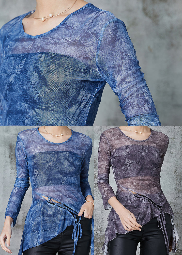 Fitted Blue Asymmetrical Tie Dye Tulle Tops Spring