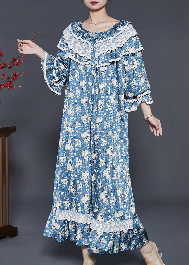 Fitted Blue Double-layer Print Cotton Robe Dresses Fall