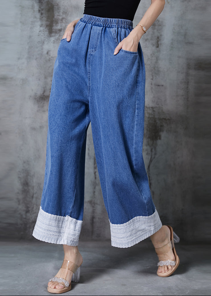 Fitted Blue Elastic Waist Patchwork Denim Wide Leg Pants Fall