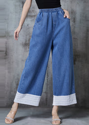 Fitted Blue Elastic Waist Patchwork Denim Wide Leg Pants Spring