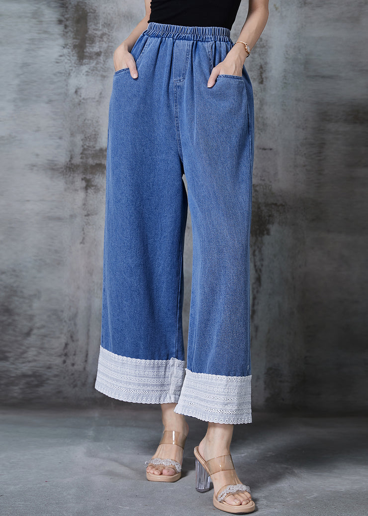 Fitted Blue Elastic Waist Patchwork Denim Wide Leg Pants Fall