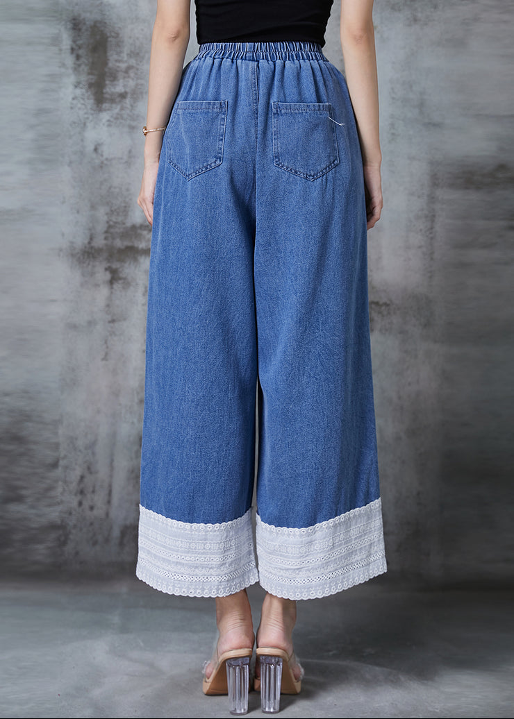 Fitted Blue Elastic Waist Patchwork Denim Wide Leg Pants Fall