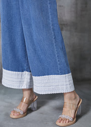 Fitted Blue Elastic Waist Patchwork Denim Wide Leg Pants Fall