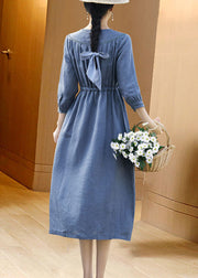 Fitted Blue O-Neck Tie Waist Linen Vacation Dresses Bracelet Sleeve