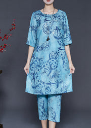 Fitted Blue Oversized Print Linen Two Pieces Set Summer