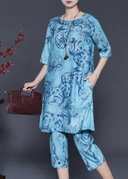 Fitted Blue Oversized Print Linen Two Pieces Set Summer