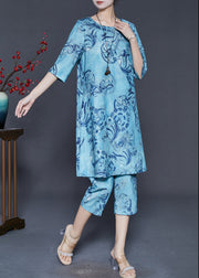 Fitted Blue Oversized Print Linen Two Pieces Set Summer