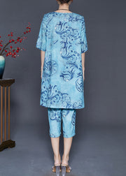 Fitted Blue Oversized Print Linen Two Pieces Set Summer