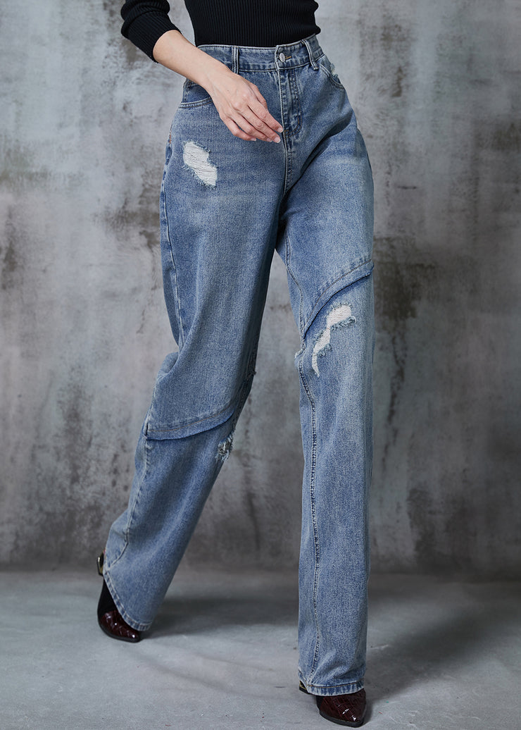 Fitted Blue Patchwork Denim Pants Ripped Jeans Fall